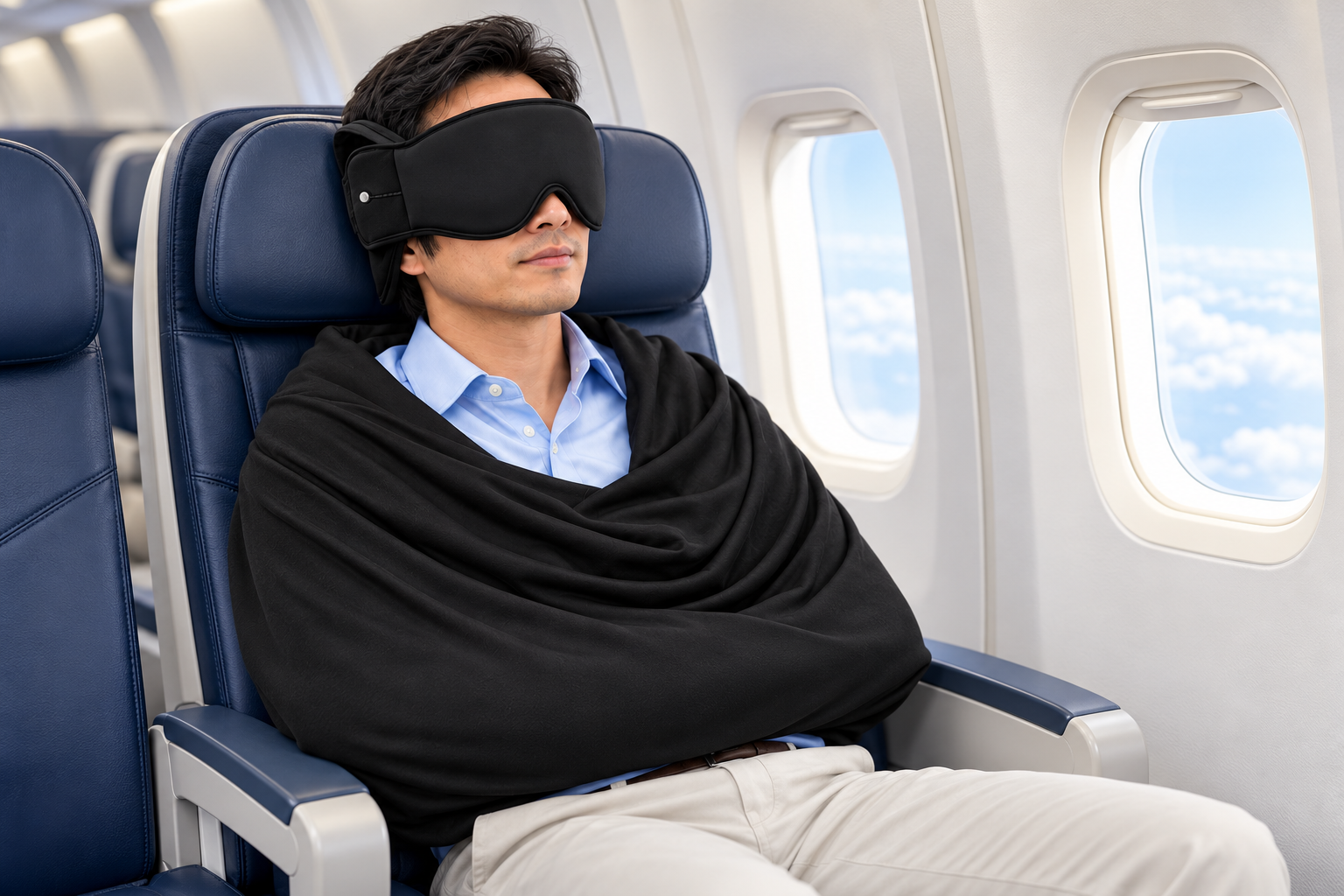 Traveler upright in an airplane seat wearing the black eye mask and arm wrap