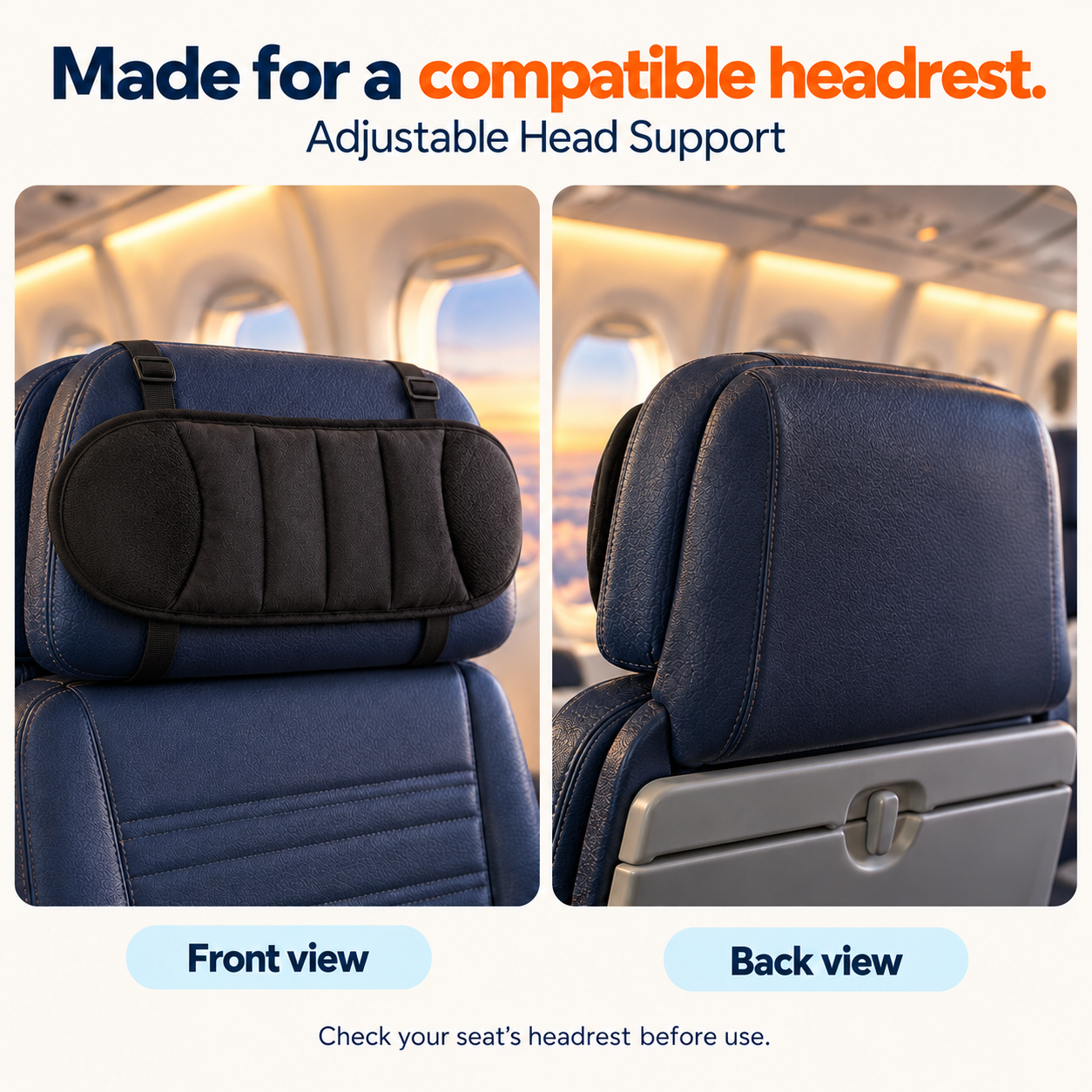 Front and back views showing the adjustable head support on a compatible seat headrest