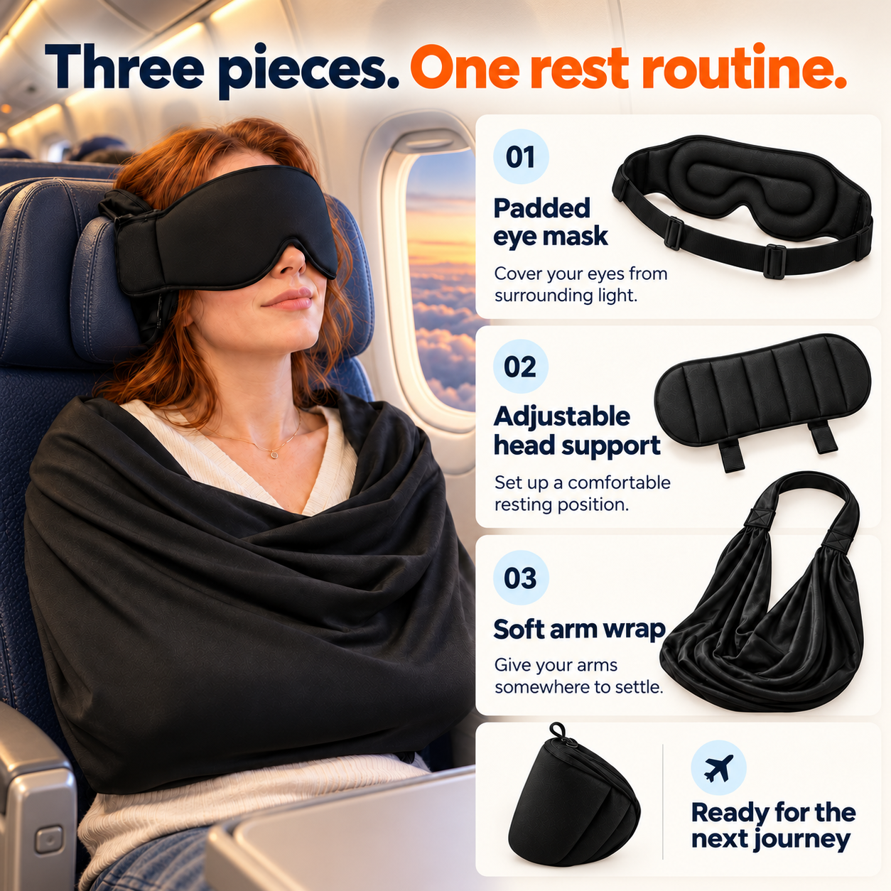 Three-piece travel rest kit with eye mask, head support and soft arm wrap