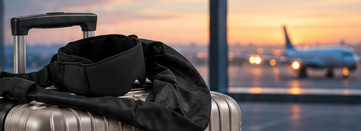 Travel rest set resting on a suitcase at an airport at sunset