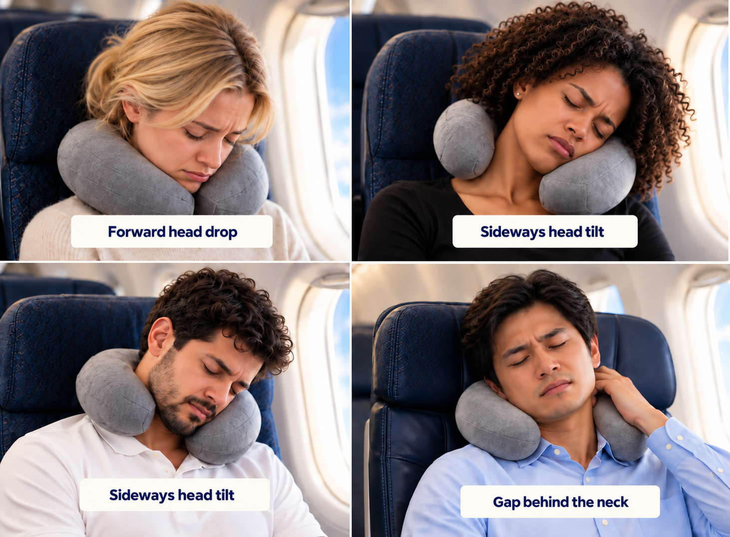 Four travelers with traditional neck pillows showing forward head drop, sideways head tilt and a gap behind the neck